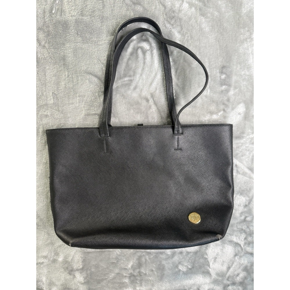 Vince Camuto Black Leather Tote Bag Textured+ Dual Handle And Gold Charm Pendant